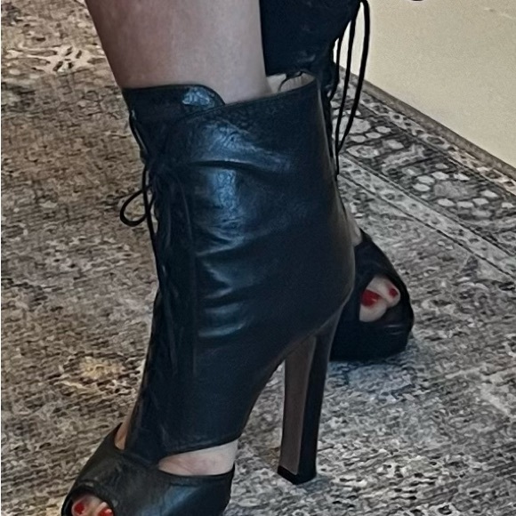 Prada Leather Peep Toe Platform Laced-up High Heel Bootie in Black, EU 37 - Picture 5 of 10